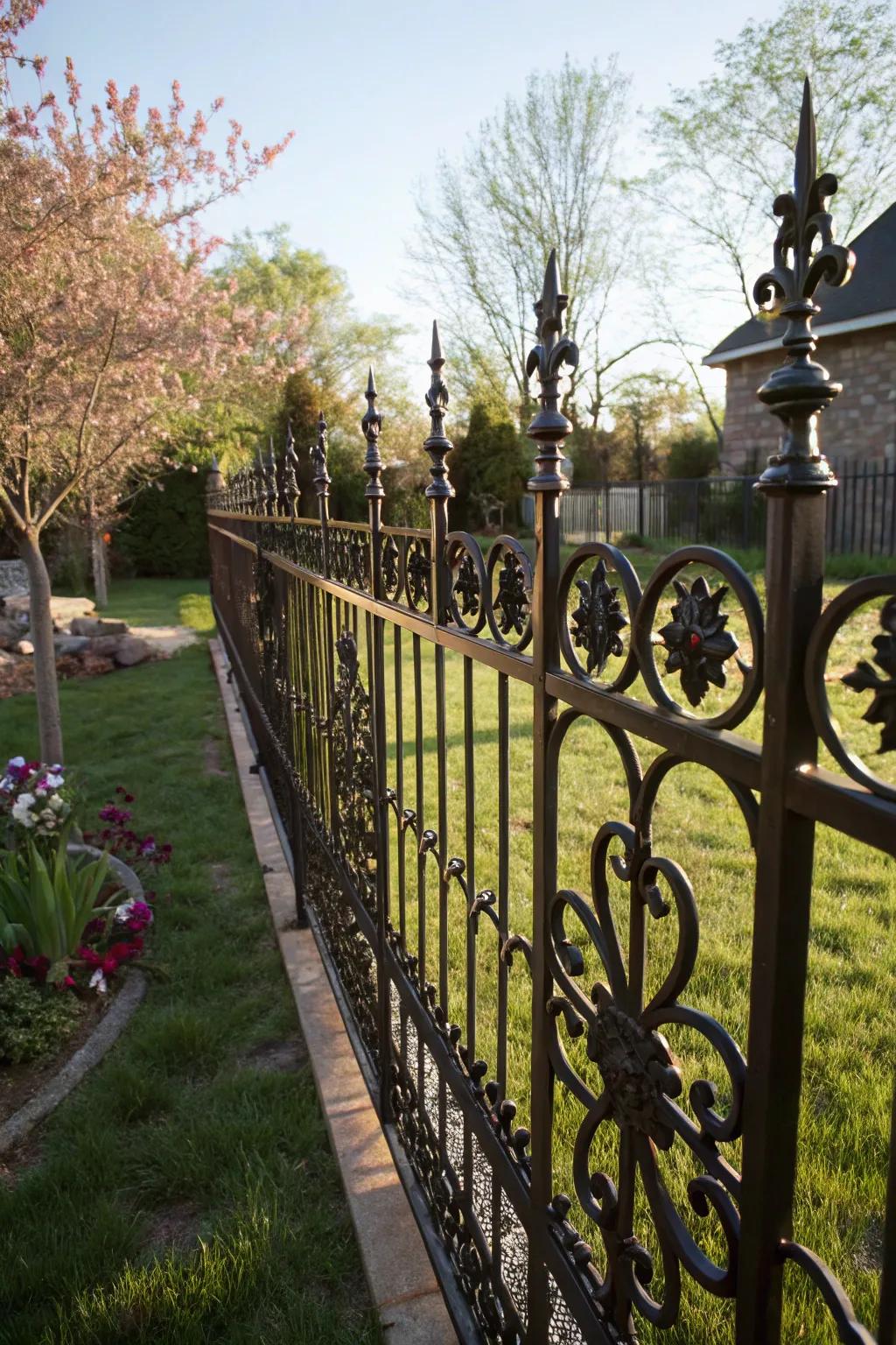 Decorative ironwork adds artistic flair to the backyard fence.