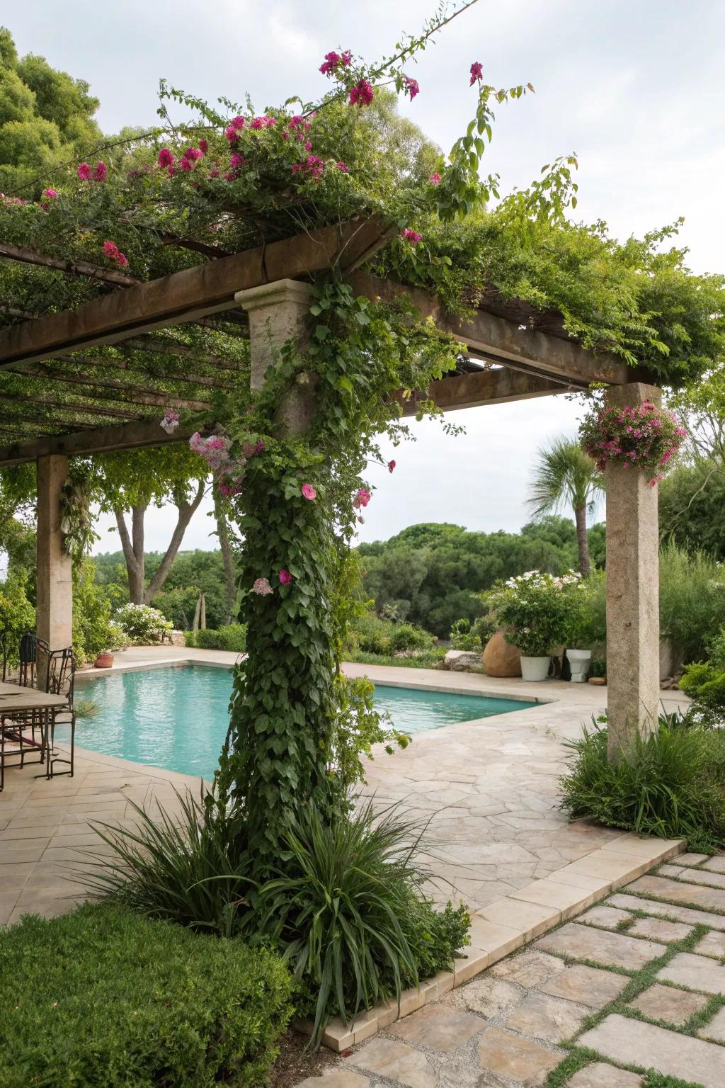 Greenery around a pergola offers a natural, serene retreat.