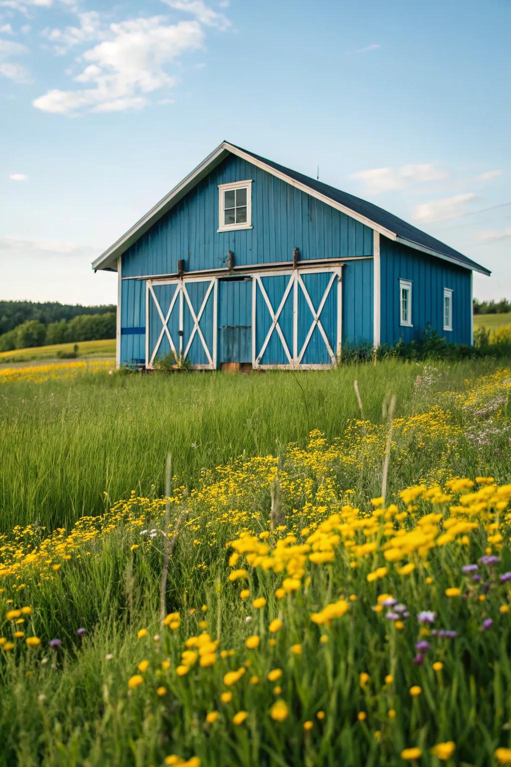 A playful blue barn that adds a splash of color to the landscape.