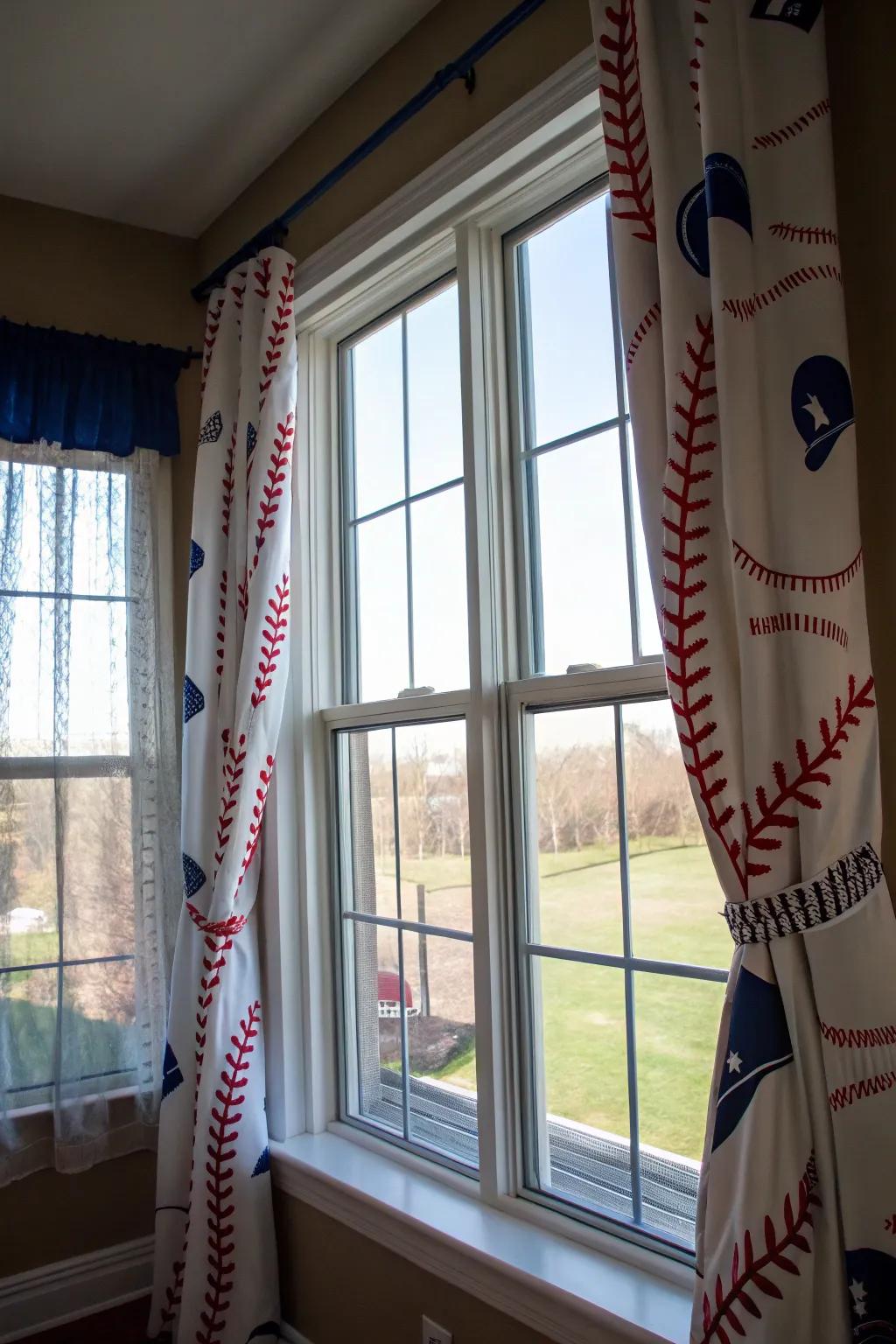 Add flair to your windows with baseball-themed curtains that set the stage.