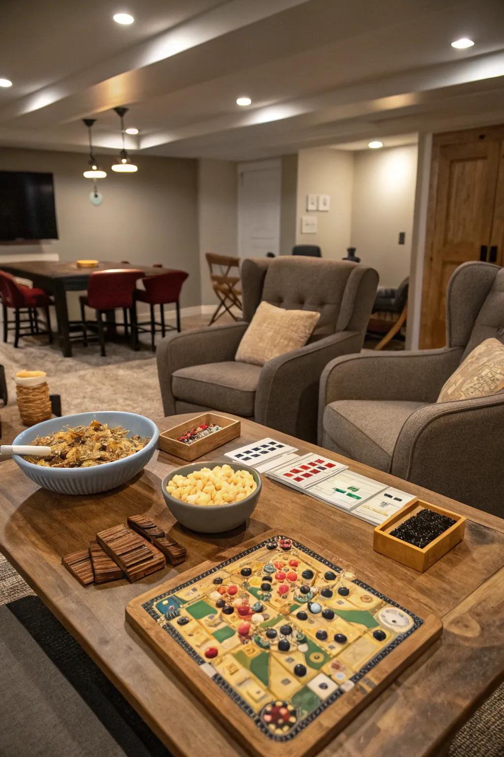 Gather around for tabletop and card activities in a cozy setting.