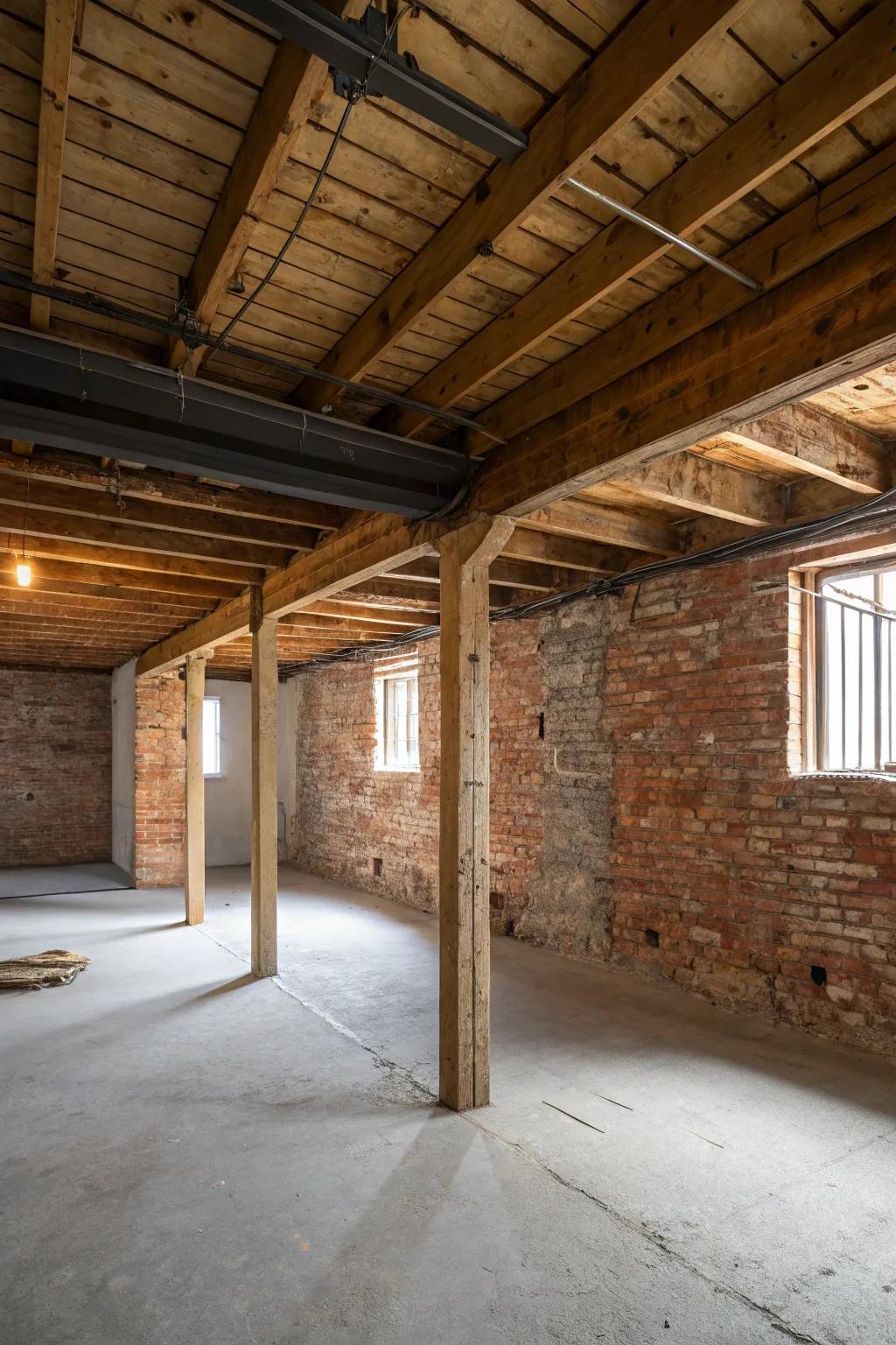 Basement featuring exposed beams and a rustic brick wall.