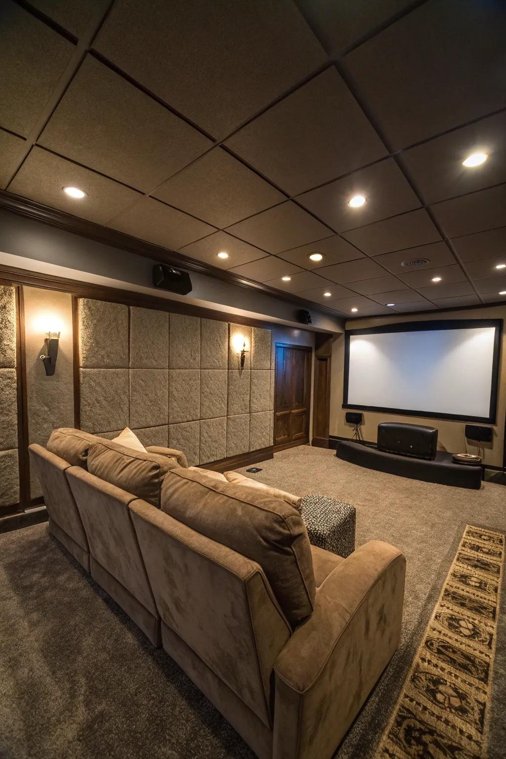 An immersive home theater in the basement with plush seating and a large screen.