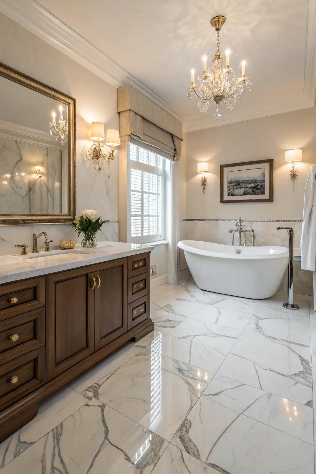 Marble-look vinyl flooring offers a touch of luxury to this elegant bathroom.