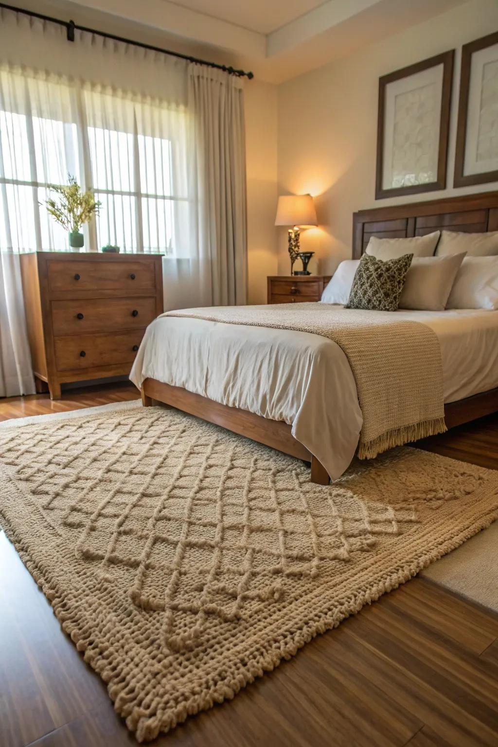 Experience how a cozy rug can introduce warmth and texture to your bedroom flooring.