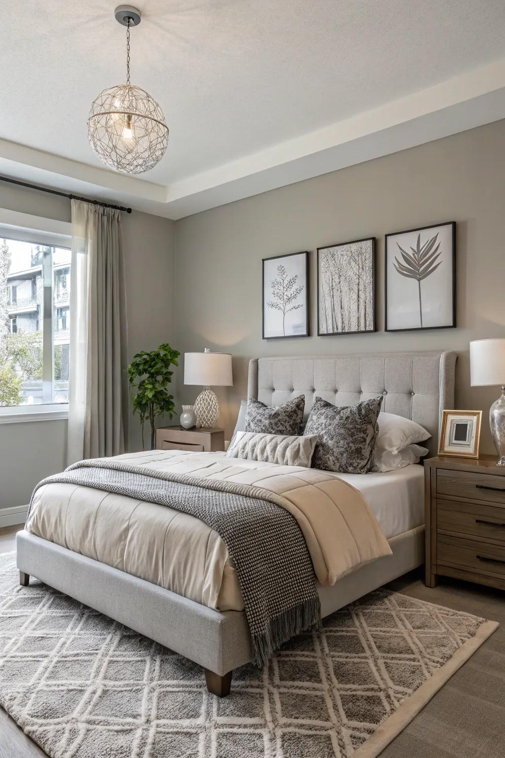 A graceful sleeping quarter showcasing taupe walls that present a refined and neutral backdrop.