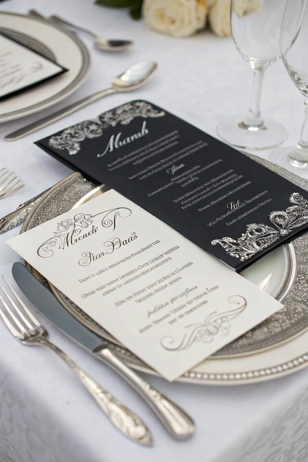 Elegant stationery with black and silver elements.