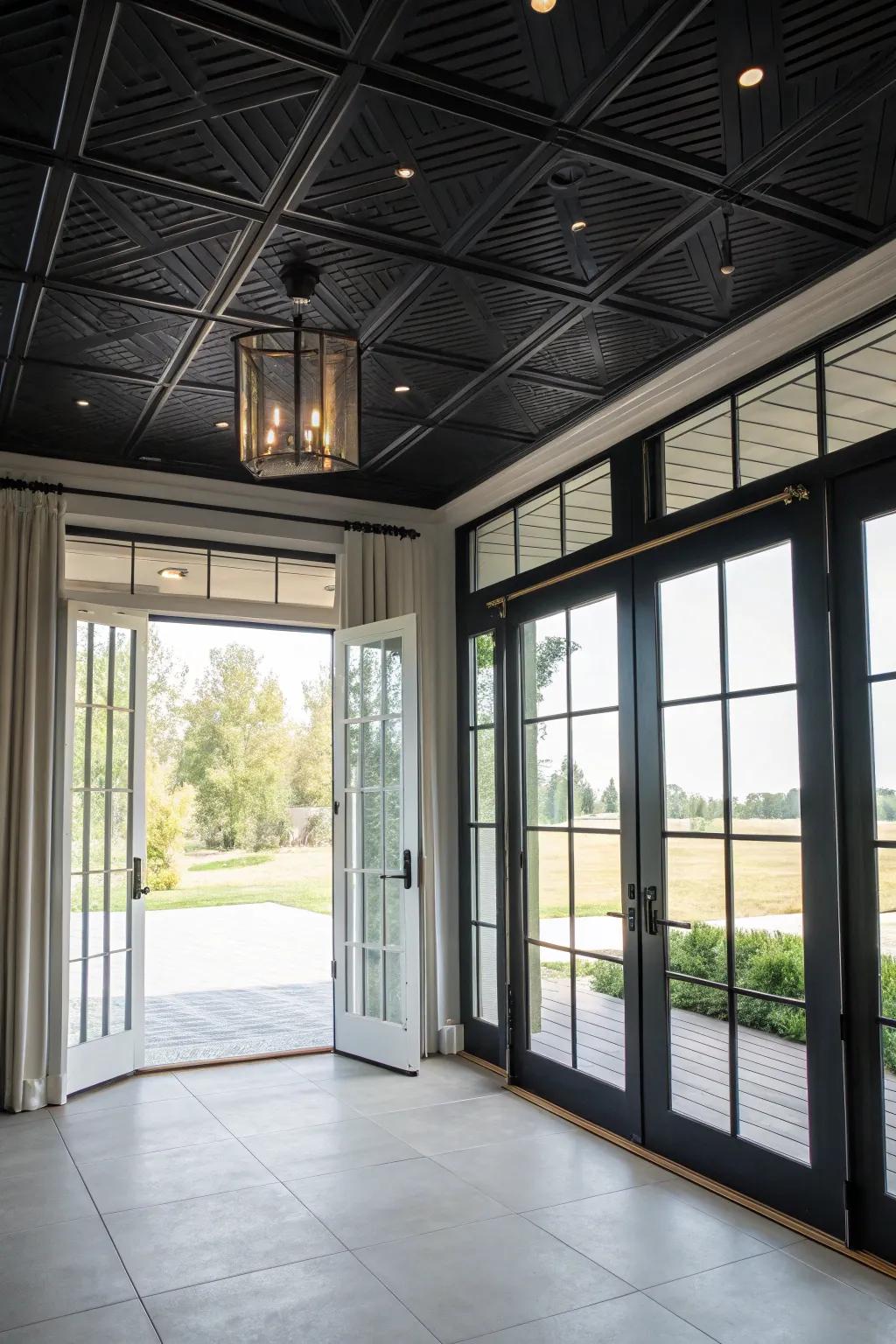 A bright room where natural light enhances a black ceiling.