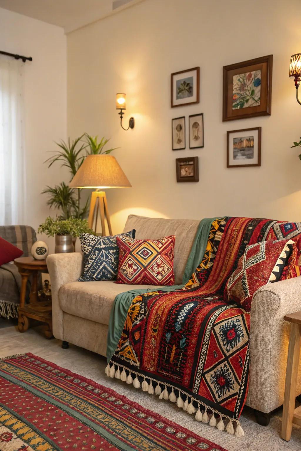 Cushions and throws in ethnic prints add comfort and style.