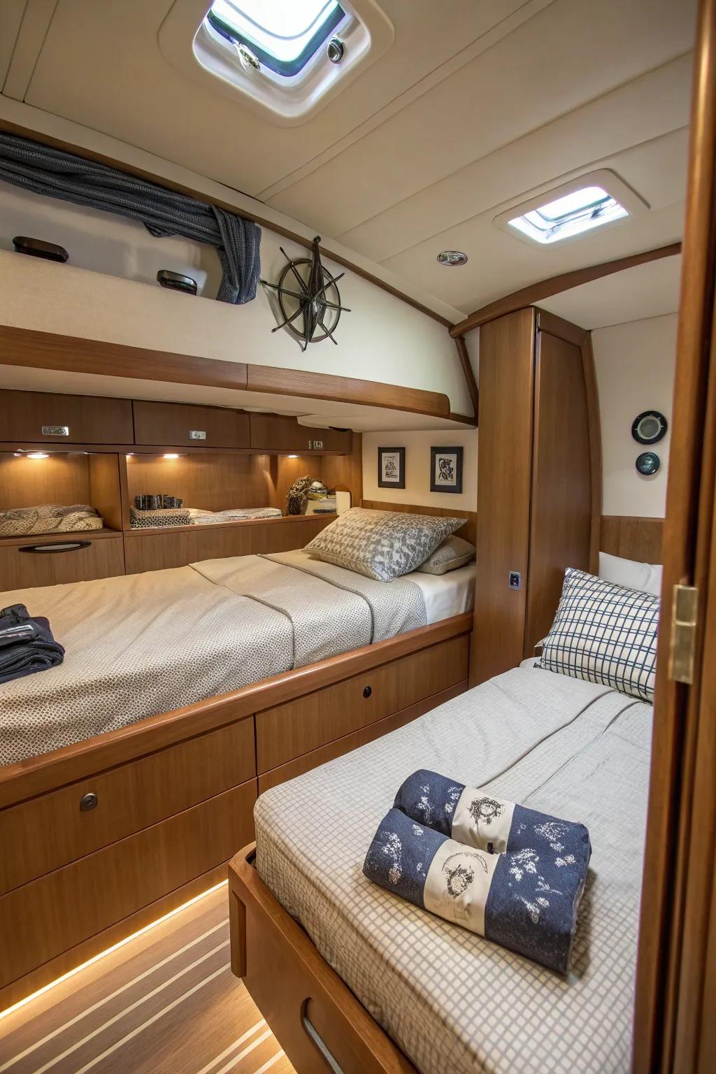 Bedding with built-in storage helps keep your cabin neat and organized.