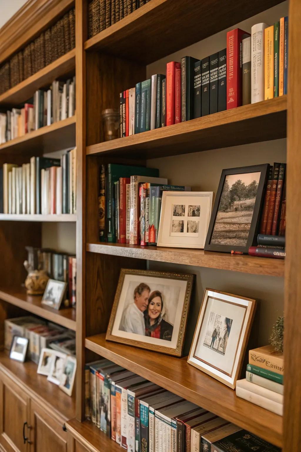 Personalized bookshelves combining books and cherished items.