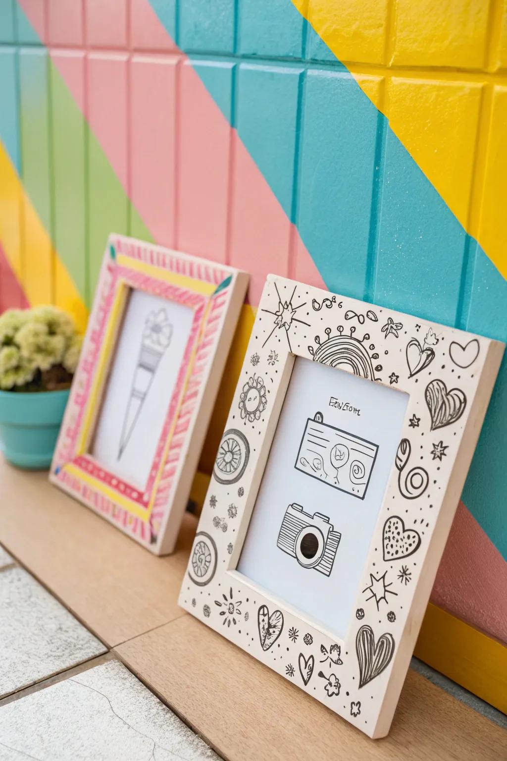 Quirky doodle borders add a playful touch to photo frames.