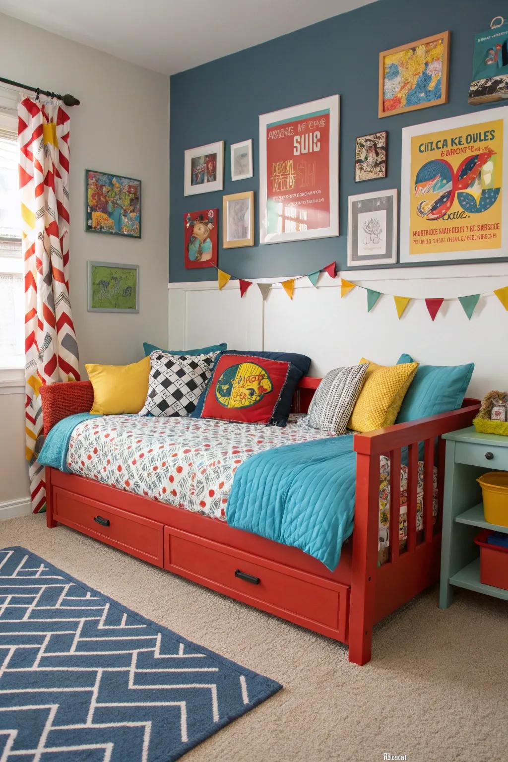 Bold colors inject vibrancy into a simple daybed area.