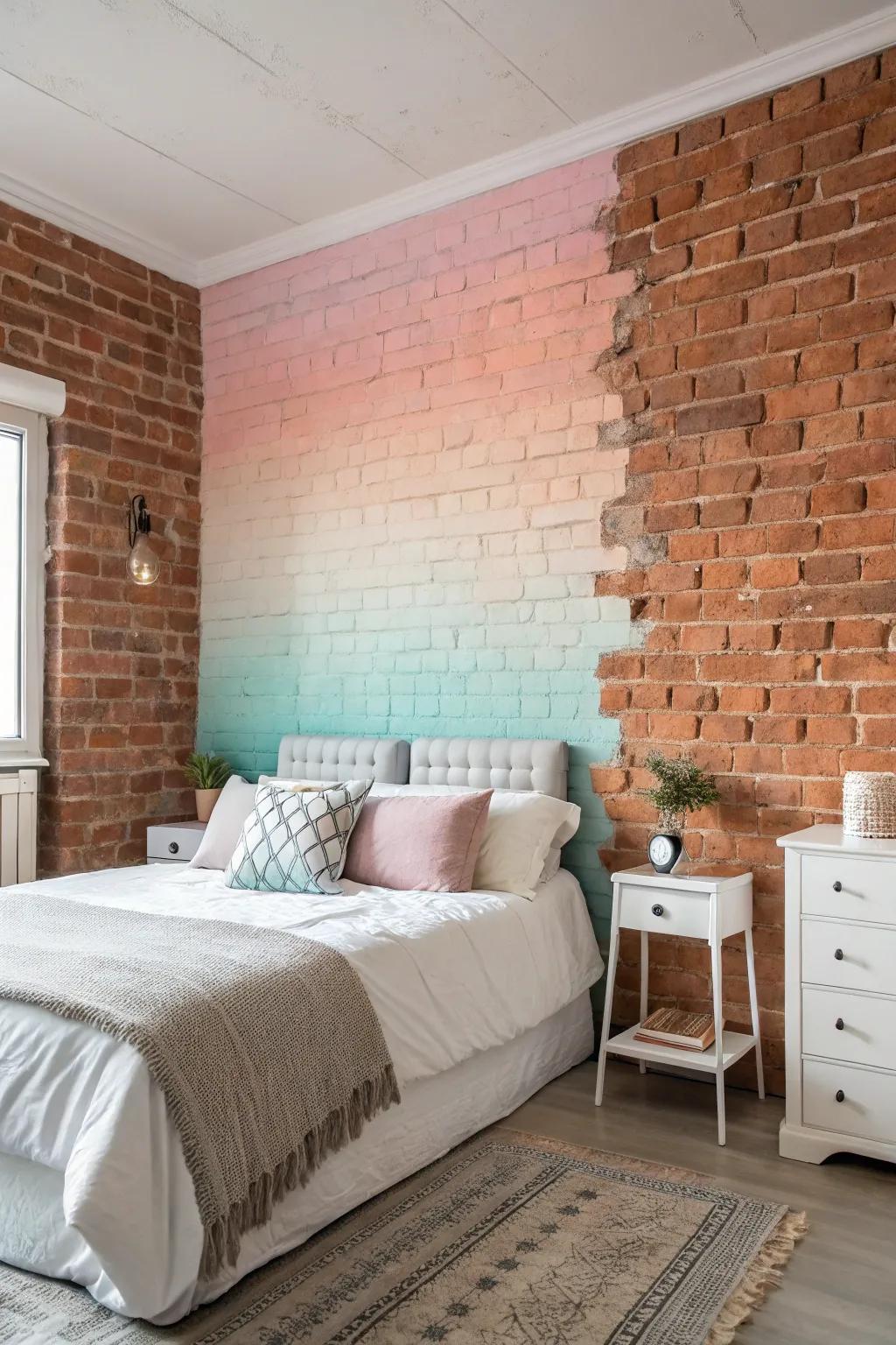 A pastel gradient mural introduces a calming ambiance to a brick wall.