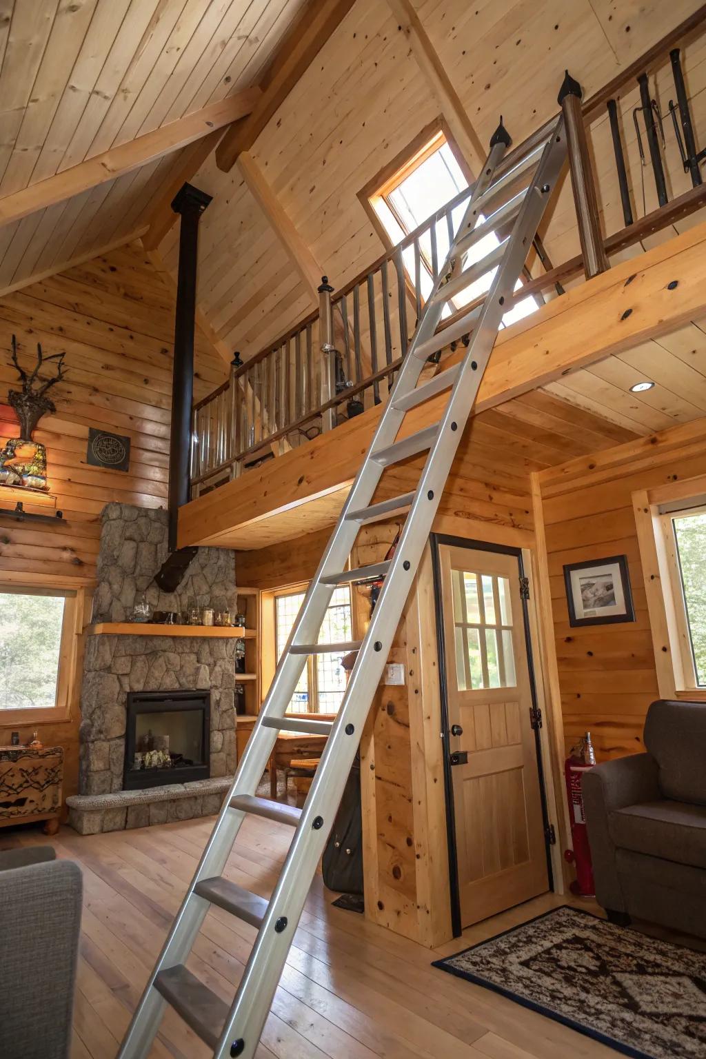 An angled ladder with handrails provides safe and stylish access to lofts.