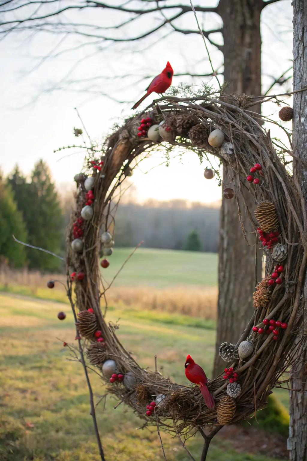 A nature-inspired wreath featuring cardinals and earth-toned elements.
