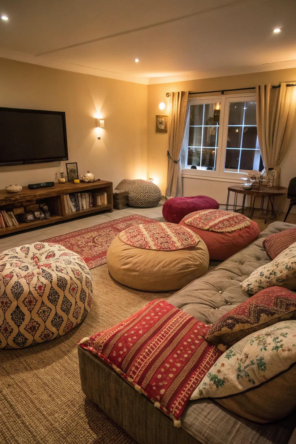 Floor seating cultivates a laid-back, welcoming ambiance.