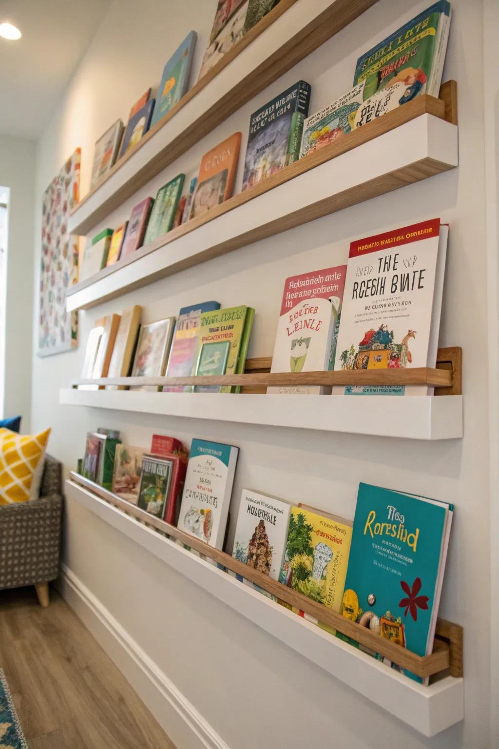 Wall bookshelves help keep things organized.