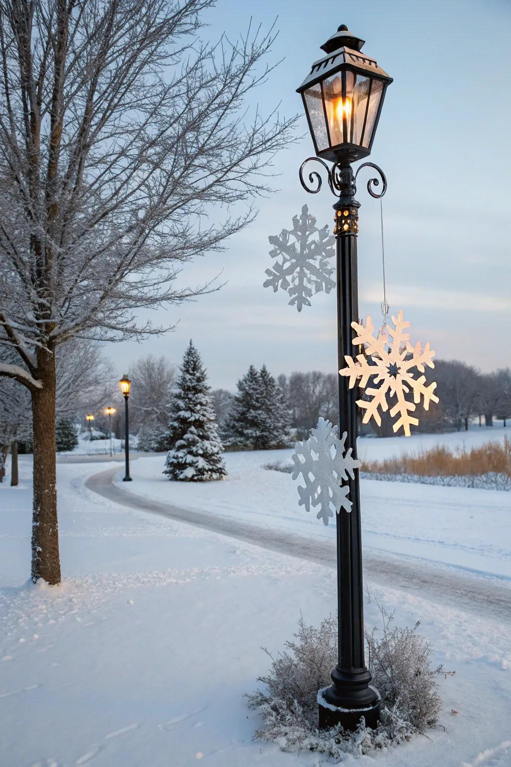 DIY snowflakes create a winter wonderland around a lamp post.