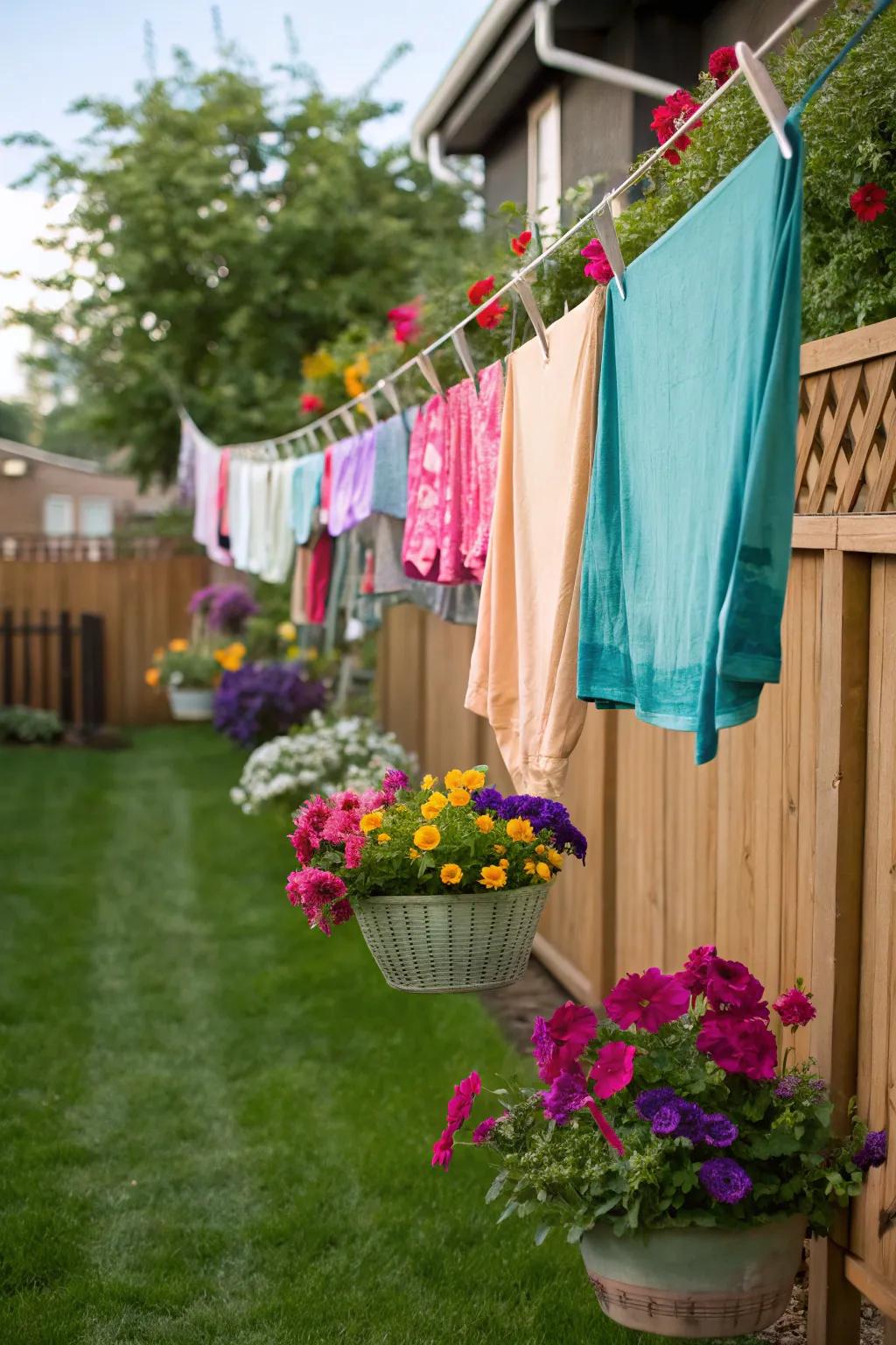 Enhance your clothesline with lovely hanging flower baskets.