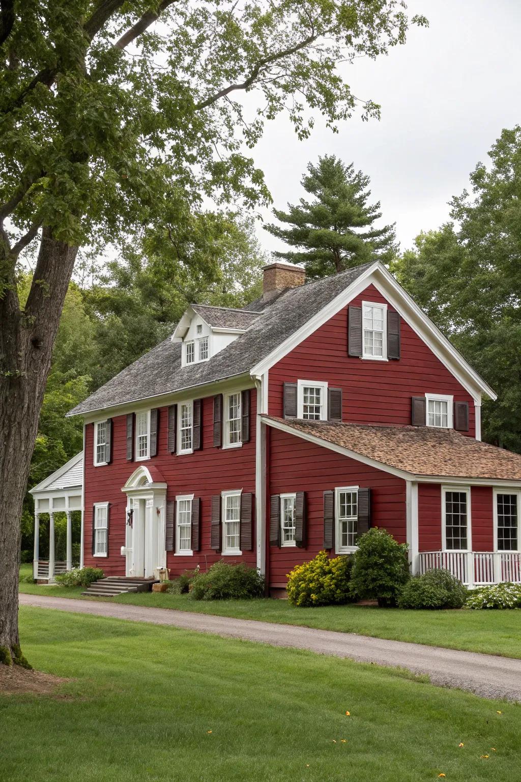 A colonial home radiating warmth with its audacious crimson façade.