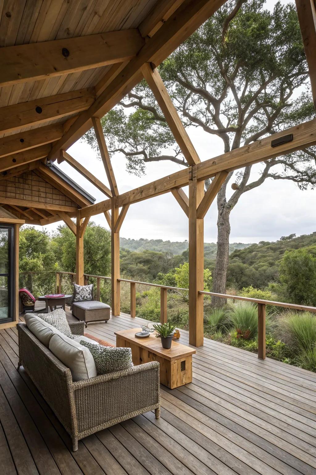 Timber frames add rustic elegance and durability to deck roofs.