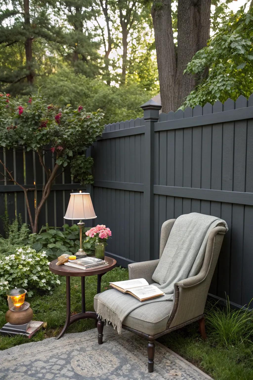 A cozy reading nook with a dark grey fence as a serene backdrop.