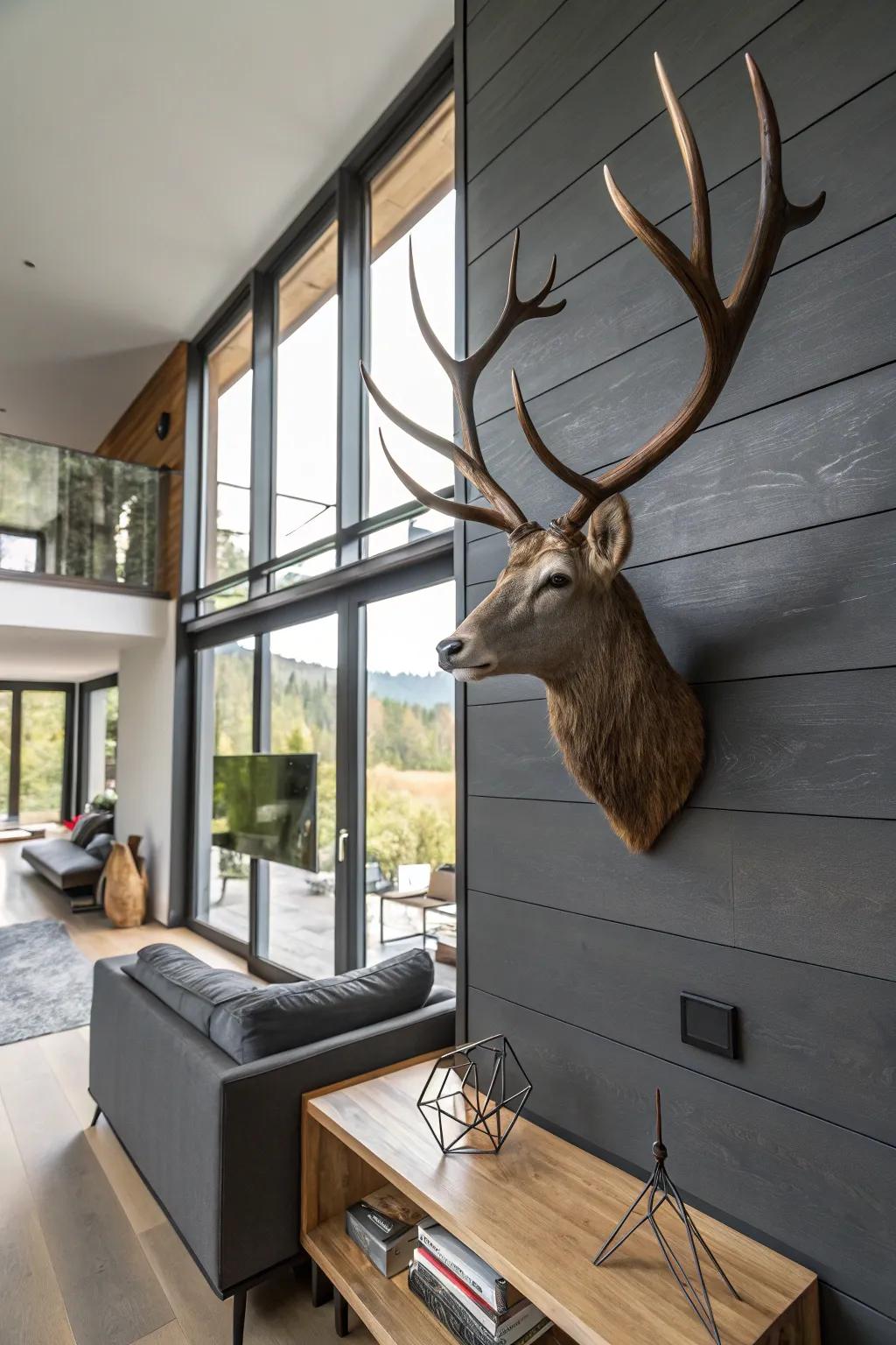 A mix of wood and metal creates a contemporary deer antler mount in a stylish living room.