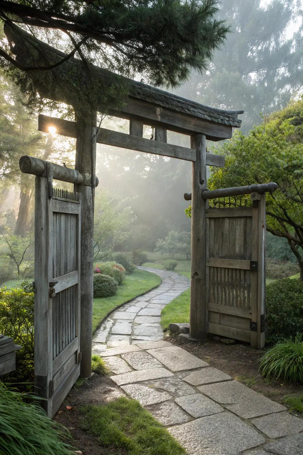 A Zen-inspired gate offers a serene entry to your garden.