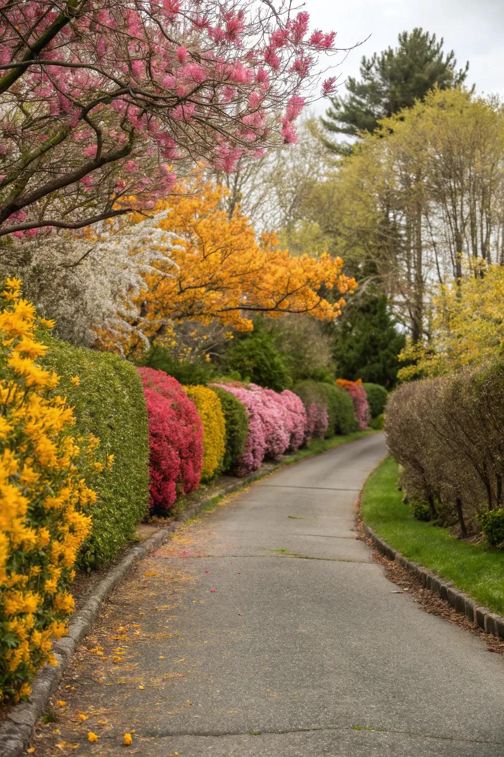 Hedges with seasonal blooms, adding color to a driveway across the year.