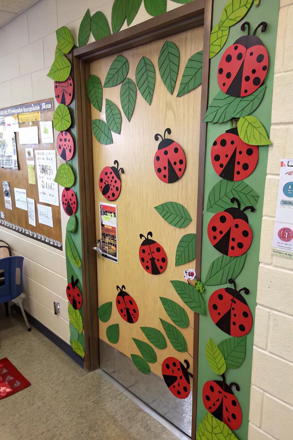 A classroom door dotted with cheerful ladybugs, bringing a touch of joy and whimsy.
