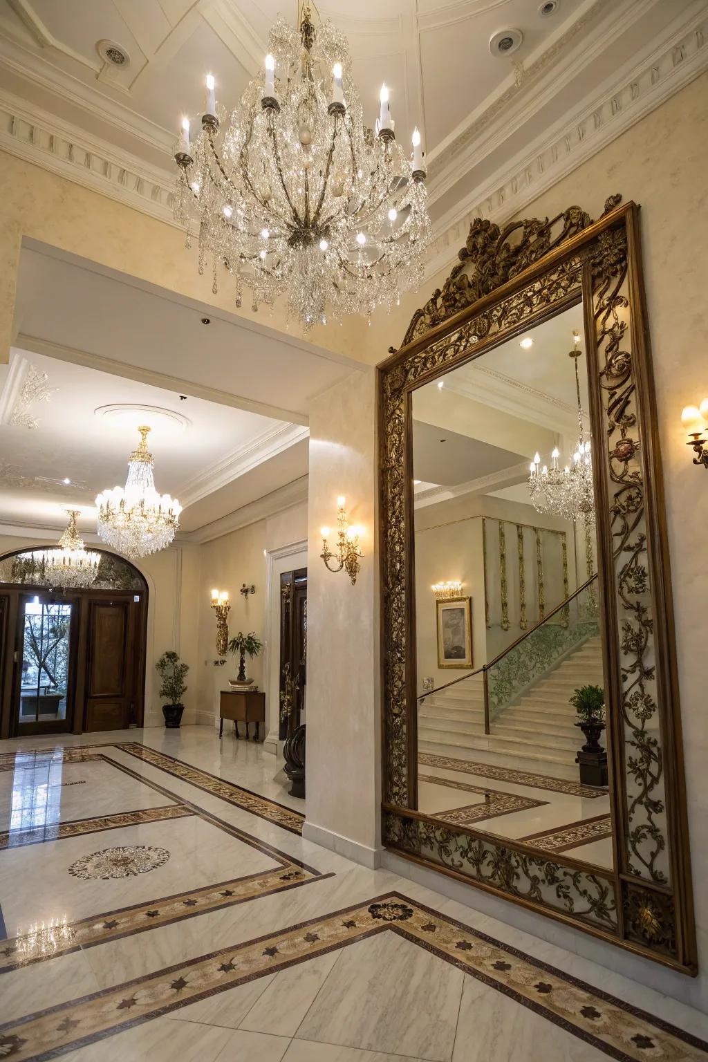 A mirror enhances the light in this chic foyer.