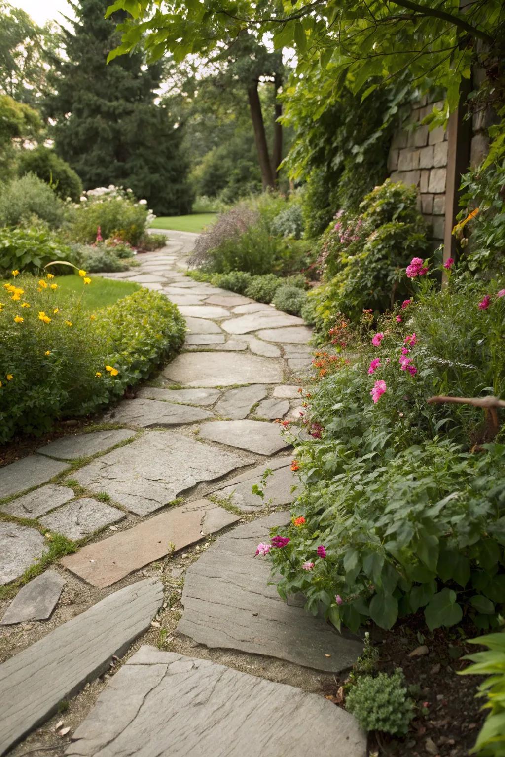 Plants beautifully integrated into a flagstone path, adding vibrancy and life.