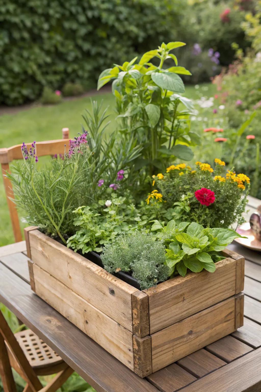 A garden-inspired arrangement in a rustic planter box.