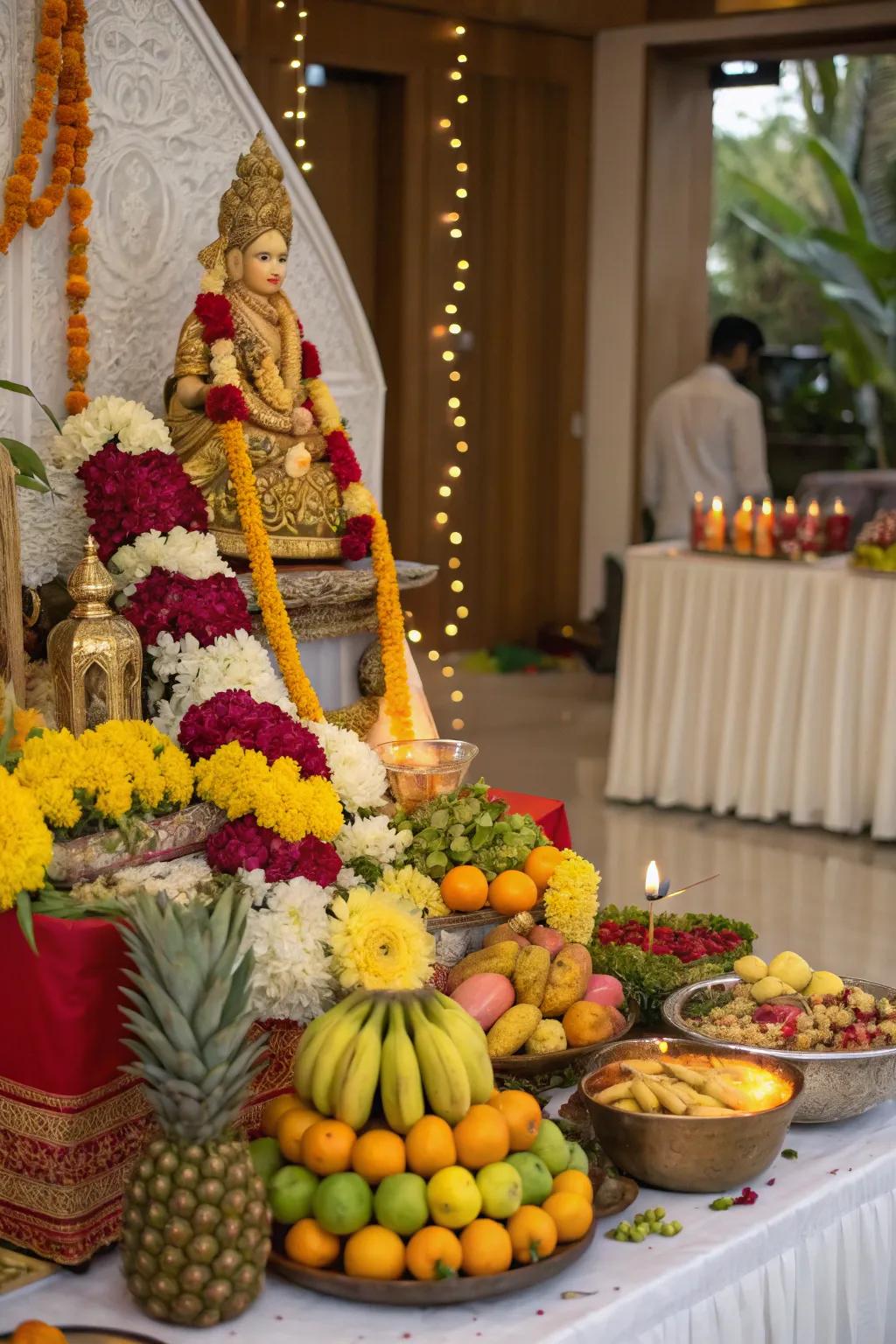 A feast for the eyes with vibrant fruits and flowers adorning the Ganesh Chaturthi altar.