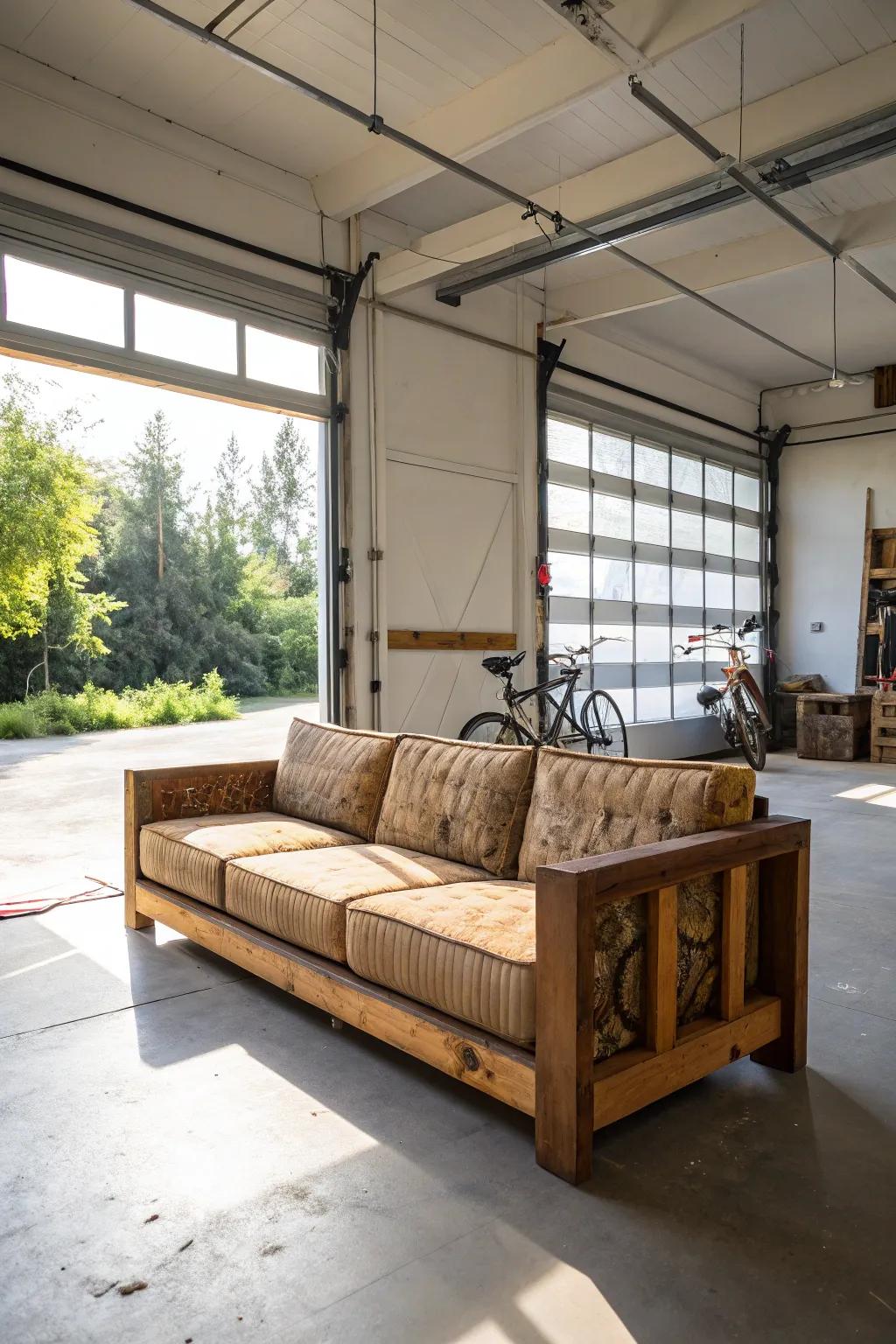 An outdoor-inspired couch brings comfort and versatility to your garage.