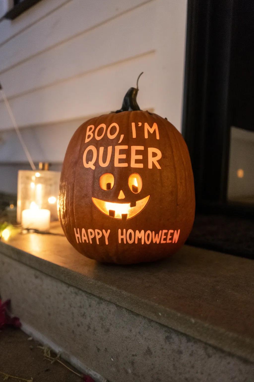 A pumpkin with witty words, bringing humor and pride to Halloween celebrations.