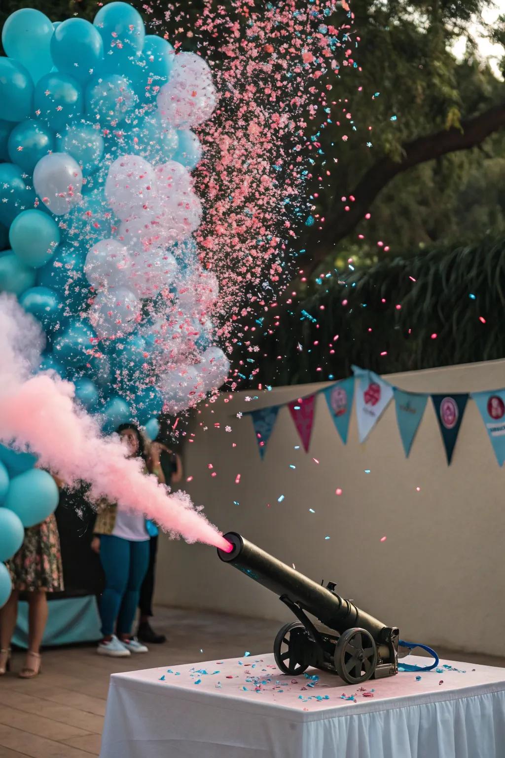 A confetti burst enhances the exhilaration of the gender reveal.