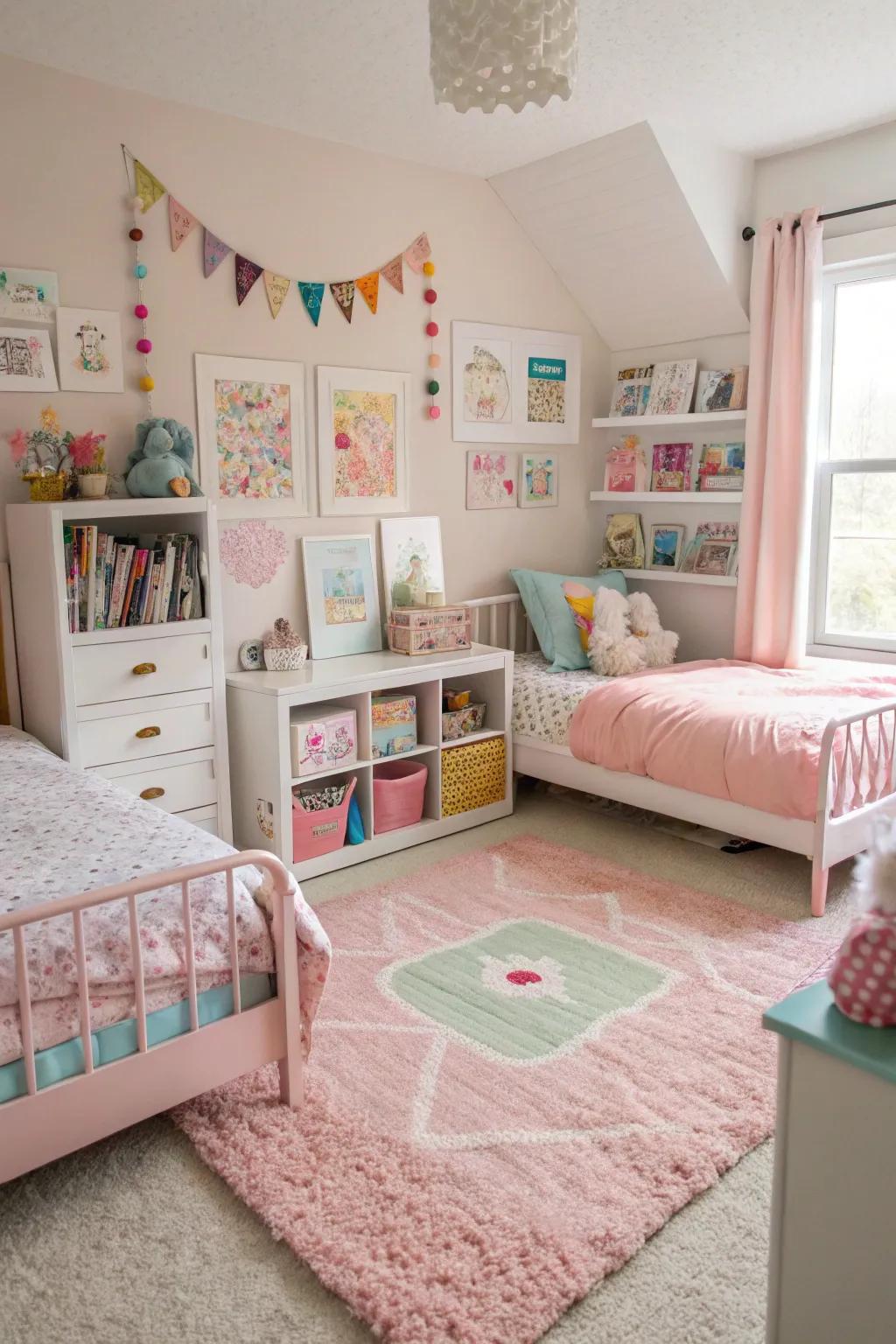 Plush carpets add warmth and help define zones in a shared bedroom.