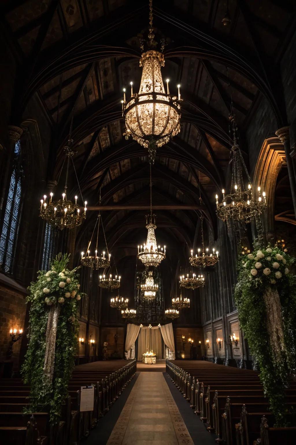 A gothic wedding venue with chandeliers and dim lighting.