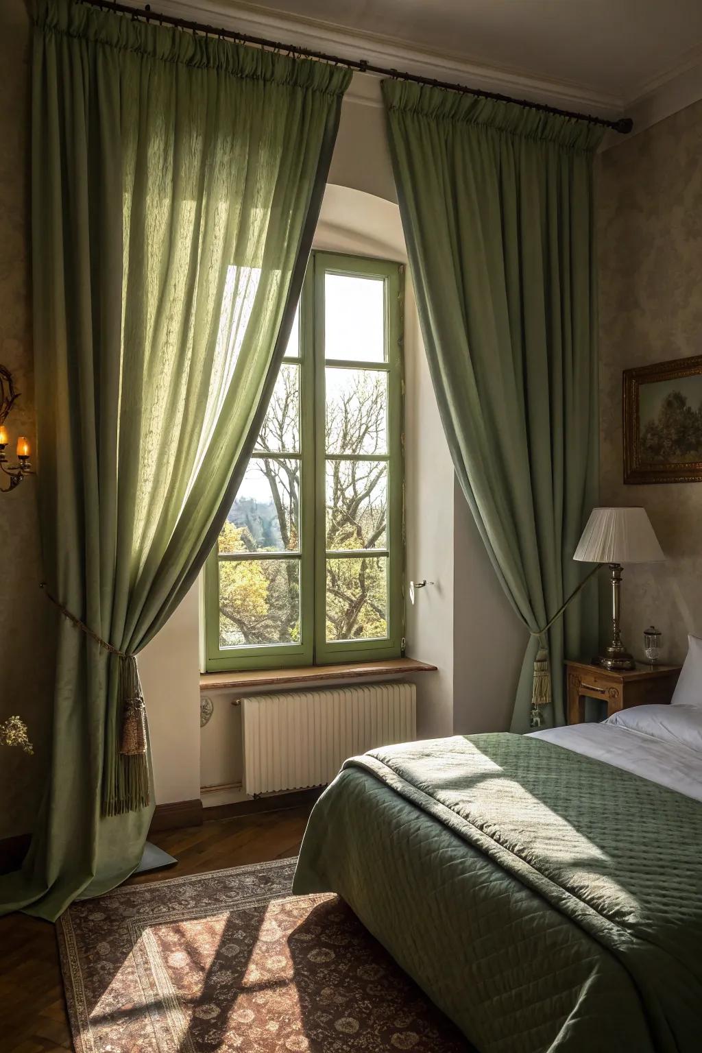 Green curtains introduce elegance and a touch of the outdoors to this inviting bedroom.