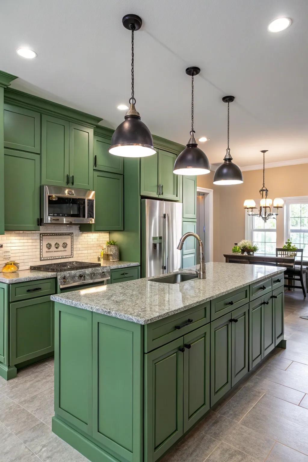 Stylish pendant lighting adding a modern touch to a green kitchen.