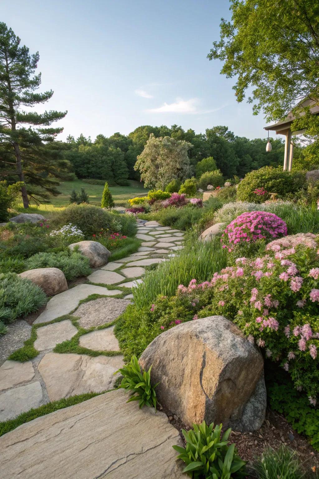Natural stone accents seamlessly incorporated into a verdant garden environment.