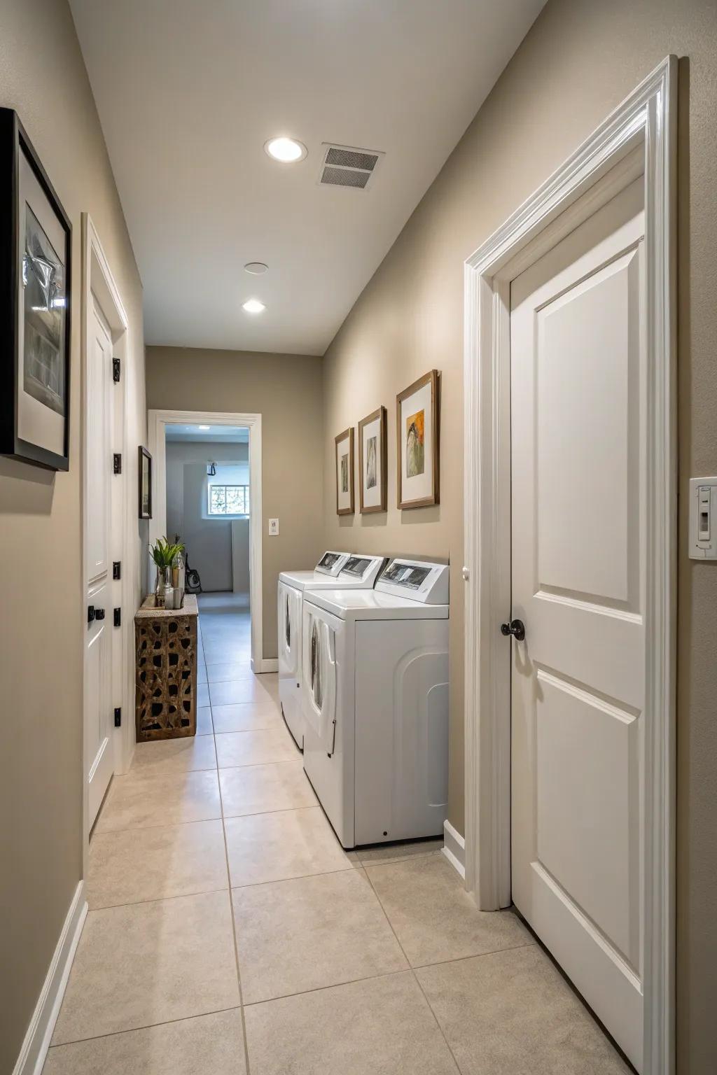 Neutral tones create a serene and spacious feel in a hallway laundry room.