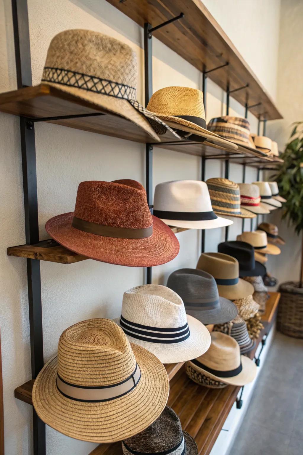 Floating shelves provide a clean and modern way to display hats.