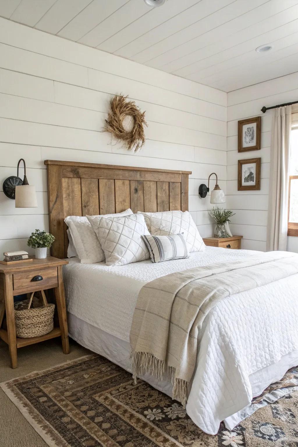 Attain a country-style elegance with a shiplap headboard.