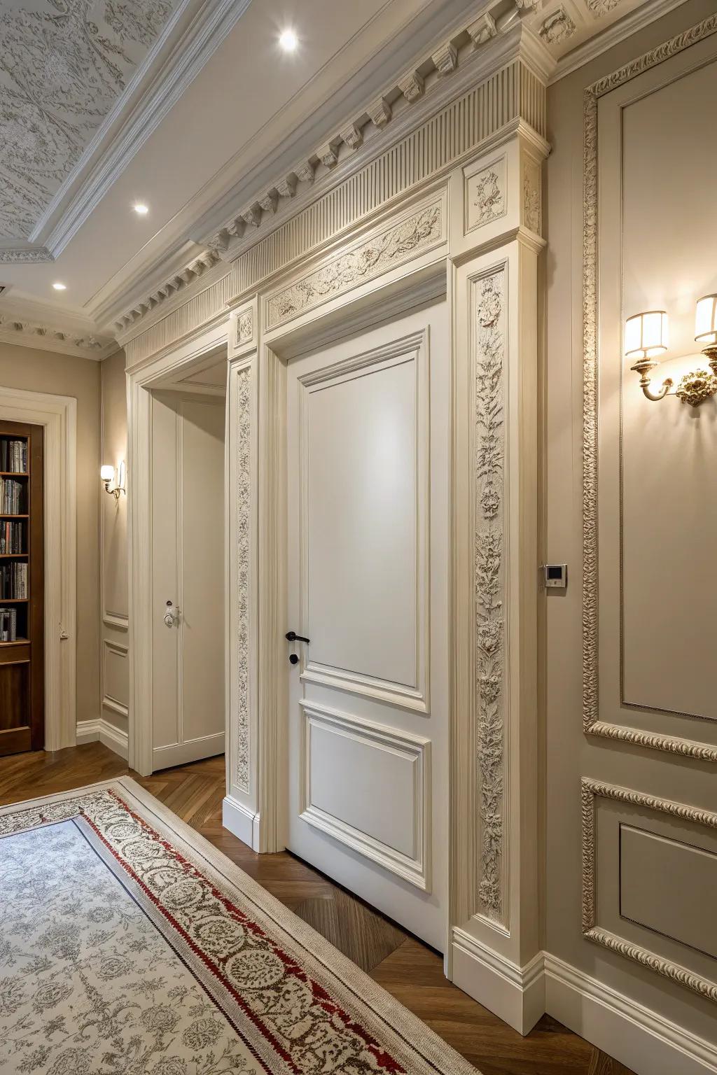 A room with a hidden door covered in crown molding.