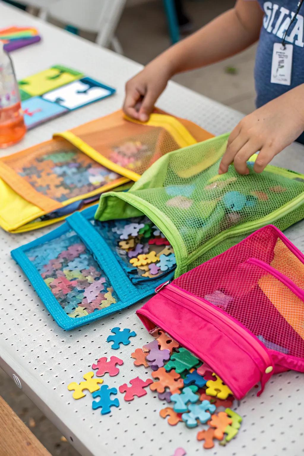 Mesh pouches keeping puzzle pieces neat and visible.