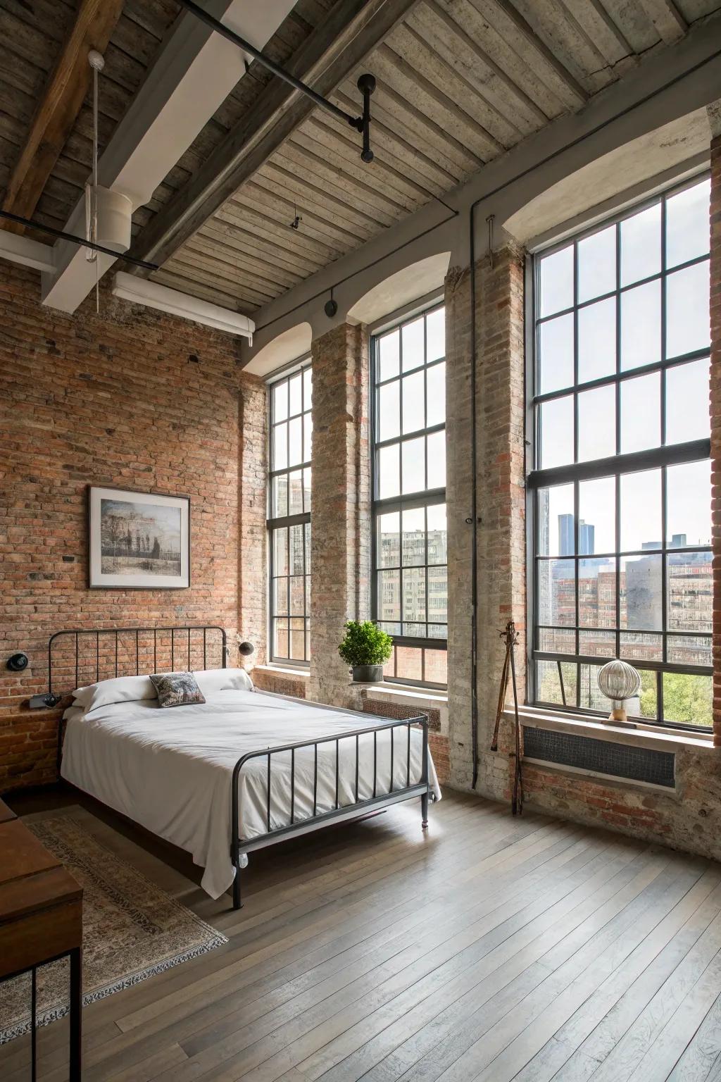 An open layout enhances the sense of space in this industrial bedroom.