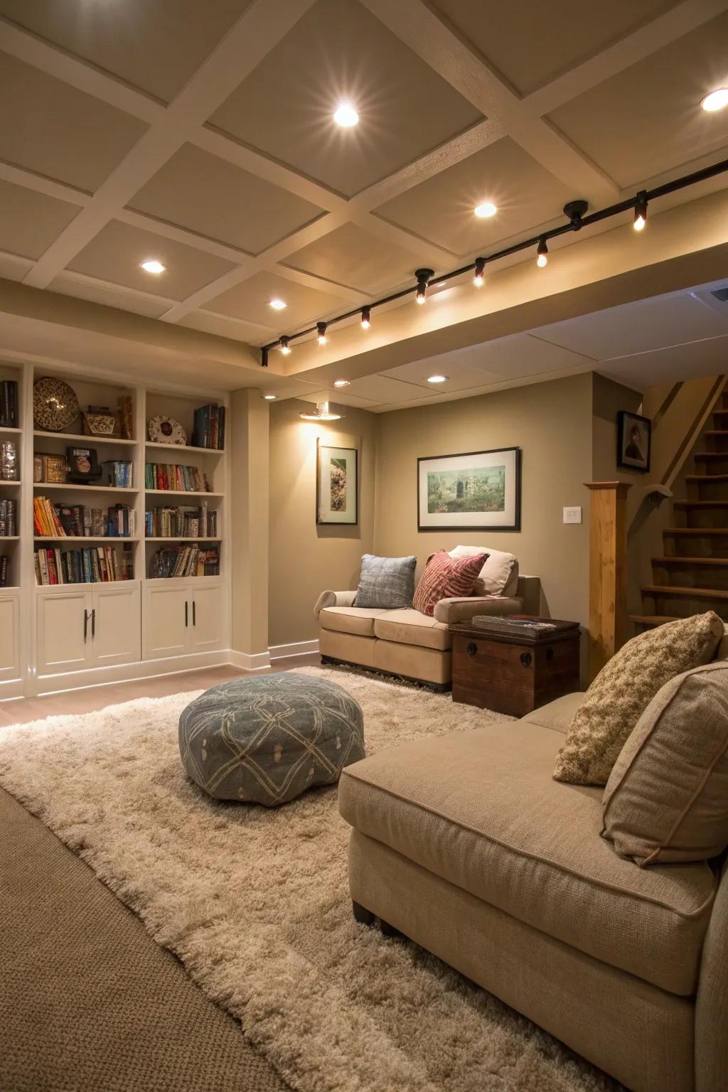 Inviting basement retreat with LED troffer lighting